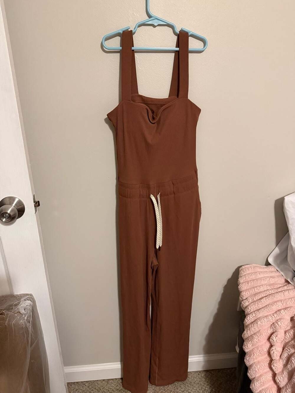 Vuori Mudra Pose Ribbed Knit Jumpsuit in Hazelnut Brown